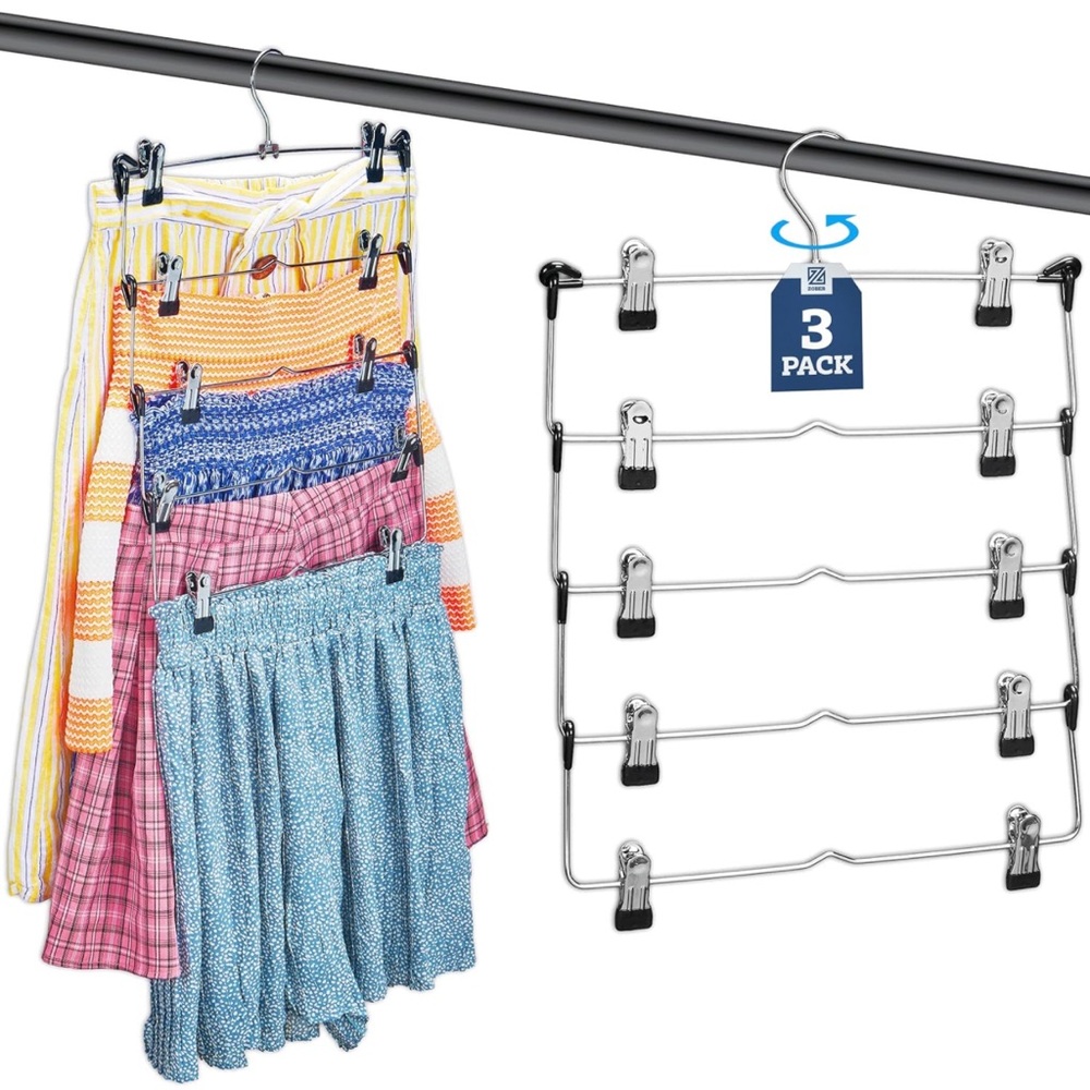 ZOBER Metal 3 PACK Space Saving 5 Tier Hangers with Clips Hang 5-on-1 w/ clips
